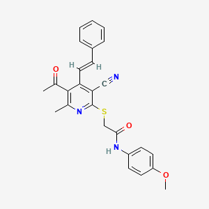 molecular formula C26H23N3O3S B13356054 2-({5-acetyl-3-cyano-6-methyl-4-[(E)-2-phenylethenyl]-2-pyridinyl}sulfanyl)-N-(4-methoxyphenyl)acetamide 