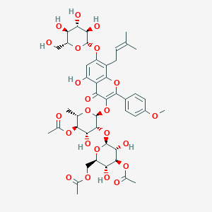 molecular formula C45H56O23 B13356696 (2S,3R,4S,5R,6R)-2-(((2S,3R,4R,5R,6S)-5-Acetoxy-4-hydroxy-2-((5-hydroxy-2-(4-methoxyphenyl)-8-(3-methylbut-2-en-1-yl)-4-oxo-7-(((2S,3R,4S,5S,6R)-3,4,5-trihydroxy-6-(hydroxymethyl)tetrahydro-2H-pyran-2-yl)oxy)-4H-chromen-3-yl)oxy)-6-methyltetrahydro-2H-pyr 