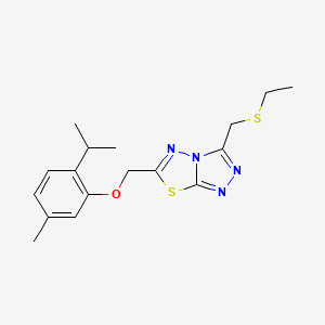 molecular formula C17H22N4OS2 B13357378 3-[(Ethylsulfanyl)methyl]-6-{[5-methyl-2-(propan-2-yl)phenoxy]methyl}[1,2,4]triazolo[3,4-b][1,3,4]thiadiazole 