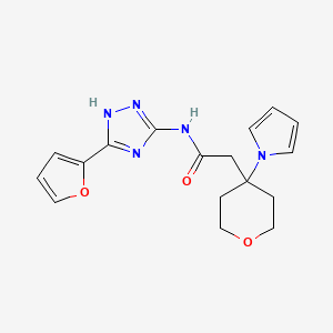 molecular formula C17H19N5O3 B13358456 N-[5-(furan-2-yl)-1H-1,2,4-triazol-3-yl]-2-[4-(1H-pyrrol-1-yl)tetrahydro-2H-pyran-4-yl]acetamide 