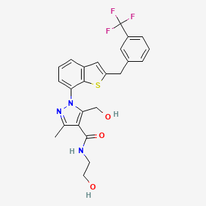 molecular formula C24H22F3N3O3S B13358527 N-(2-hydroxyethyl)-5-(hydroxymethyl)-3-methyl-1-[2-[[3-(trifluoromethyl)phenyl]methyl]-1-benzothiophen-7-yl]pyrazole-4-carboxamide 