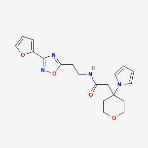 molecular formula C19H22N4O4 B13358559 N-{2-[3-(furan-2-yl)-1,2,4-oxadiazol-5-yl]ethyl}-2-[4-(1H-pyrrol-1-yl)tetrahydro-2H-pyran-4-yl]acetamide 