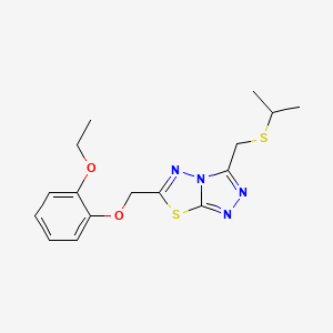 molecular formula C16H20N4O2S2 B13359264 6-[(2-Ethoxyphenoxy)methyl]-3-[(isopropylsulfanyl)methyl][1,2,4]triazolo[3,4-b][1,3,4]thiadiazole 