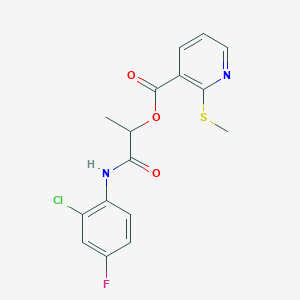 molecular formula C16H14ClFN2O3S B13359633 1-[(2-Chloro-4-fluorophenyl)carbamoyl]ethyl 2-(methylsulfanyl)pyridine-3-carboxylate 