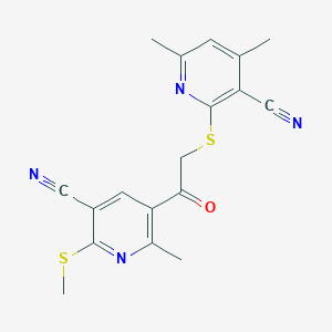 molecular formula C18H16N4OS2 B13359734 2-((2-(5-Cyano-2-methyl-6-(methylthio)pyridin-3-yl)-2-oxoethyl)thio)-4,6-dimethylnicotinonitrile 