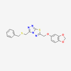 molecular formula C19H16N4O3S2 B13361253 6-[(1,3-Benzodioxol-5-yloxy)methyl]-3-[(benzylsulfanyl)methyl][1,2,4]triazolo[3,4-b][1,3,4]thiadiazole 