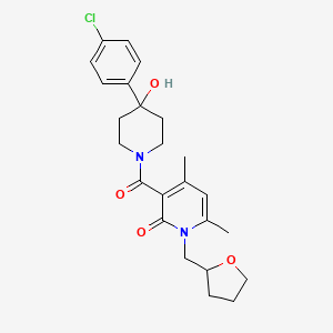 molecular formula C24H29ClN2O4 B13361457 3-(4-(4-chlorophenyl)-4-hydroxypiperidine-1-carbonyl)-4,6-dimethyl-1-((tetrahydrofuran-2-yl)methyl)pyridin-2(1H)-one 