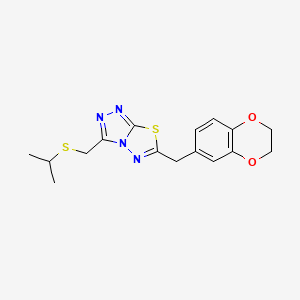 molecular formula C16H18N4O2S2 B13361460 6-(2,3-Dihydro-1,4-benzodioxin-6-ylmethyl)-3-[(isopropylsulfanyl)methyl][1,2,4]triazolo[3,4-b][1,3,4]thiadiazole 