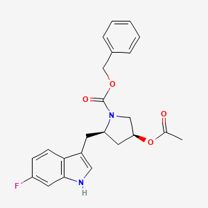 molecular formula C23H23FN2O4 B13361951 Benzyl (2R,4S)-4-acetoxy-2-((6-fluoro-1H-indol-3-yl)methyl)pyrrolidine-1-carboxylate 