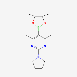 molecular formula C16H26BN3O2 B13363771 4,6-Dimethyl-2-(pyrrolidin-1-yl)-5-(4,4,5,5-tetramethyl-1,3,2-dioxaborolan-2-yl)pyrimidine 