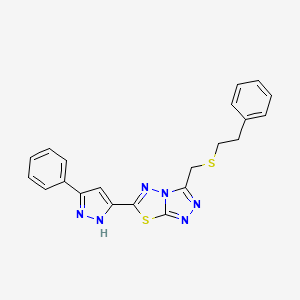 molecular formula C21H18N6S2 B13363824 3-{[(2-phenylethyl)sulfanyl]methyl}-6-(5-phenyl-1H-pyrazol-3-yl)[1,2,4]triazolo[3,4-b][1,3,4]thiadiazole 