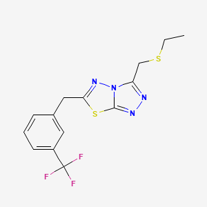 molecular formula C14H13F3N4S2 B13364336 3-[(Ethylsulfanyl)methyl]-6-[3-(trifluoromethyl)benzyl][1,2,4]triazolo[3,4-b][1,3,4]thiadiazole 