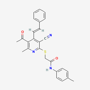 2-({5-acetyl-3-cyano-6-methyl-4-[(E)-2-phenylethenyl]-2-pyridinyl}sulfanyl)-N-(4-methylphenyl)acetamide