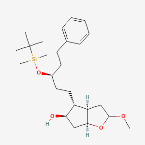 molecular formula C25H42O4Si B13366193 (3AR,4R,5R,6aS)-4-((R)-3-((tert-butyldimethylsilyl)oxy)-5-phenylpentyl)-2-methoxyhexahydro-2H-cyclopenta[b]furan-5-ol 