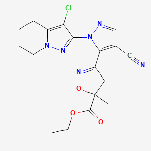 molecular formula C18H19ClN6O3 B13366379 Ethyl 3-(1-(3-chloro-4,5,6,7-tetrahydropyrazolo[1,5-a]pyridin-2-yl)-4-cyano-1H-pyrazol-5-yl)-5-methyl-4,5-dihydroisoxazole-5-carboxylate 