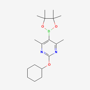 molecular formula C18H29BN2O3 B13366645 2-(Cyclohexyloxy)-4,6-dimethyl-5-(4,4,5,5-tetramethyl-1,3,2-dioxaborolan-2-yl)pyrimidine 