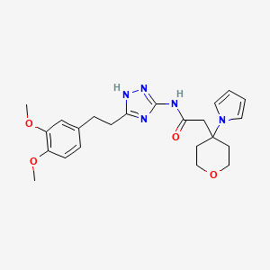 molecular formula C23H29N5O4 B13367612 N-{3-[2-(3,4-dimethoxyphenyl)ethyl]-1H-1,2,4-triazol-5-yl}-2-[4-(1H-pyrrol-1-yl)tetrahydro-2H-pyran-4-yl]acetamide 