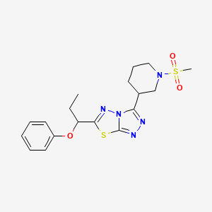 molecular formula C18H23N5O3S2 B13368008 3-[1-(Methylsulfonyl)-3-piperidinyl]-6-(1-phenoxypropyl)[1,2,4]triazolo[3,4-b][1,3,4]thiadiazole 