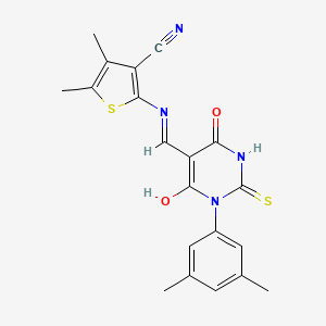 molecular formula C20H18N4O2S2 B13377588 2-[[(E)-[1-(3,5-dimethylphenyl)-4,6-dioxo-2-sulfanylidene-1,3-diazinan-5-ylidene]methyl]amino]-4,5-dimethylthiophene-3-carbonitrile 