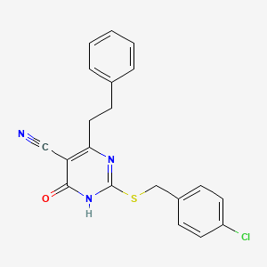 molecular formula C20H16ClN3OS B13377671 2-[(4-Chlorobenzyl)sulfanyl]-6-oxo-4-(2-phenylethyl)-1,6-dihydro-5-pyrimidinecarbonitrile 