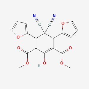 molecular formula C20H16N2O7 B13377809 Dimethyl 5,5-dicyano-4,6-di(2-furyl)-2-hydroxy-1-cyclohexene-1,3-dicarboxylate 