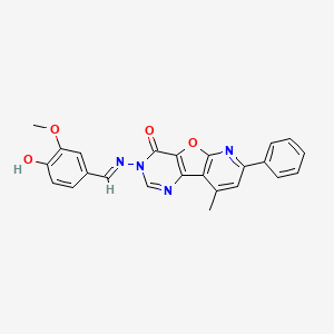 molecular formula C24H18N4O4 B13377993 5-[(E)-(4-hydroxy-3-methoxyphenyl)methylideneamino]-13-methyl-11-phenyl-8-oxa-3,5,10-triazatricyclo[7.4.0.02,7]trideca-1(9),2(7),3,10,12-pentaen-6-one 