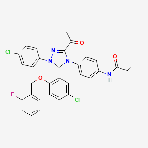 molecular formula C32H27Cl2FN4O3 B13378422 N-{4-[3-acetyl-5-{5-chloro-2-[(2-fluorobenzyl)oxy]phenyl}-1-(4-chlorophenyl)-1,5-dihydro-4H-1,2,4-triazol-4-yl]phenyl}propanamide 