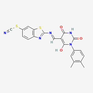 molecular formula C21H15N5O3S2 B13378559 2-({[1-(3,4-dimethylphenyl)-2,4,6-trioxotetrahydro-5(2H)-pyrimidinylidene]methyl}amino)-1,3-benzothiazole-6-sulfenyl cyanide 