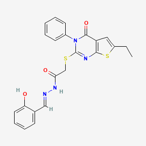 molecular formula C23H20N4O3S2 B13383183 2-[(6-ethyl-4-oxo-3-phenyl-3,4-dihydrothieno[2,3-d]pyrimidin-2-yl)sulfanyl]-N'-(2-hydroxybenzylidene)acetohydrazide 