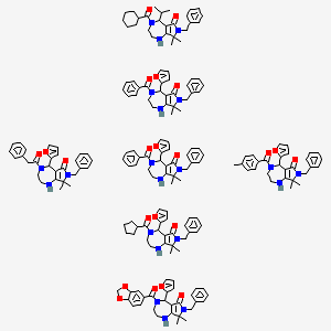 molecular formula C190H207N21O22 B13383527 4-(1,3-Benzodioxole-5-carbonyl)-7-benzyl-5-(furan-2-yl)-8,8-dimethyl-1,2,3,5-tetrahydropyrrolo[3,4-e][1,4]diazepin-6-one;4-benzoyl-7-benzyl-5-(furan-2-yl)-8,8-dimethyl-1,2,3,5-tetrahydropyrrolo[3,4-e][1,4]diazepin-6-one;7-benzyl-4-(cyclohexanecarbonyl)-8,8-dimethyl-5-propan-2-yl-1,2,3,5-tetrahydropyrrolo[3,4-e][1,4]diazepin-6-one;7-benzyl-4-(cyclopentanecarbonyl)-5-(furan-2-yl)-8,8-dimethyl-1,2,3,5-tetrahydropyrrolo[3,4-e][1,4]diazepin-6-one;7-benzyl-5-(furan-2-yl)-8,8-dimethyl-4-(4-methylbenzoyl)-1,2,3,5-tetrahydropyrrolo[3,4-e][1,4]diazepin-6-one;7-benzyl-5-(furan-2-yl)-8,8-dimethyl-4-(2-phenylacetyl)-1,2,3,5-tetrahydropyrrolo[3,4-e][1,4]diazepin-6-one 