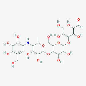 4-[5-[3,4-Dihydroxy-6-methyl-5-[[4,5,6-trihydroxy-3-(hydroxymethyl)cyclohex-2-en-1-yl]amino]oxan-2-yl]oxy-3,4-dihydroxy-6-(hydroxymethyl)oxan-2-yl]oxy-2,3,5,6-tetrahydroxyhexanal