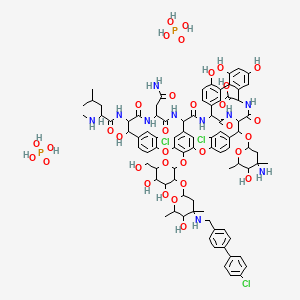 molecular formula C86H103Cl3N10O34P2 B13394308 2-(4-Amino-5-hydroxy-4,6-dimethyloxan-2-yl)oxy-22-(2-amino-2-oxoethyl)-5,15-dichloro-48-[3-[4-[[4-(4-chlorophenyl)phenyl]methylamino]-5-hydroxy-4,6-dimethyloxan-2-yl]oxy-4,5-dihydroxy-6-(hydroxymethyl)oxan-2-yl]oxy-18,32,35,37-tetrahydroxy-19-[[4-methyl-2-(methylamino)pentanoyl]amino]-20,23,26,42,44-pentaoxo-7,13-dioxa-21,24,27,41,43-pentazaoctacyclo[26.14.2.23,6.214,17.18,12.129,33.010,25.034,39]pentaconta-3,5,8,10,12(48),14,16,29(45),30,32,34(39),35,37,46,49-pentadecaene-40-carboxylic acid;phosphoric acid 