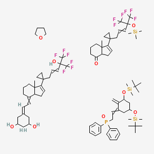 molecular formula C86H123F12O9PSi3 B13394390 5-[2-[7a-methyl-1-[1-[5,5,5-trifluoro-4-hydroxy-4-(trifluoromethyl)pent-2-enyl]cyclopropyl]-3a,5,6,7-tetrahydro-3H-inden-4-ylidene]ethylidene]cyclohexane-1,3-diol;7a-methyl-1-[1-[5,5,5-trifluoro-4-(trifluoromethyl)-4-trimethylsilyloxypent-2-enyl]cyclopropyl]-3a,5,6,7-tetrahydro-3H-inden-4-one;tert-butyl-[3-[tert-butyl(dimethyl)silyl]oxy-5-(2-diphenylphosphorylethylidene)-4-methylidenecyclohexyl]oxy-dimethylsilane;oxolane CAS No. 68334-21-4