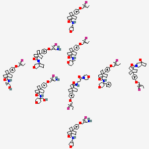 molecular formula C233H308F9N13O29 B13395056 [4-[4-[2-(aminomethyl)-3-fluoroprop-2-enoxy]phenyl]-1-bicyclo[2.2.2]octanyl]-(3-oxa-8-azabicyclo[3.2.1]octan-8-yl)methanone;4-[4-[2-(aminomethyl)-3-fluoroprop-2-enoxy]phenyl]-N-[4-(hydroxymethyl)oxan-4-yl]bicyclo[2.2.2]octane-1-carboxamide;4-[4-[2-(aminomethyl)-3-fluoroprop-2-enoxy]phenyl]-N-(3-oxabicyclo[3.1.0]hexan-6-yl)bicyclo[2.2.2]octane-1-carboxamide;[4-[4-[2-(fluoromethylidene)butoxy]phenyl]-1-bicyclo[2.2.2]octanyl]-(8-oxa-3-azabicyclo[3.2.1]octan-3-yl)methanone;4-[4-[2-(fluoromethylidene)butoxy]phenyl]-N-[1-(hydroxymethyl)cyclopropyl]bicyclo[2.2.2]octane-1-carboxamide;4-[4-[2-(fluoromethylidene)butoxy]phenyl]-N-(3-methyloxan-3-yl)bicyclo[2.2.2]octane-1-carboxamide;4-[4-[2-(fluoromethylidene)butoxy]phenyl]-N-(3-morpholin-4-yl-3-oxopropyl)bicyclo[2.2.2]octane-1-carboxamide;4-[4-[2-(fluoromethylidene)butoxy]phenyl]-N-(3-oxabicyclo[3.1.0]hexan-6-yl)bicyclo[2.2.2]octane-1-carboxamide;4-[4-[2-(fluoromethylidene)butoxy]phenyl]-N-(4-phenyloxan-4-yl)bicyclo[2.2.2]octane-1-carboxamide 