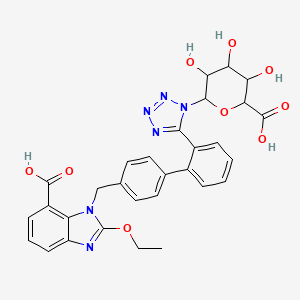 molecular formula C30H28N6O9 B13395420 3-[[4-[2-[1-(6-Carboxy-3,4,5-trihydroxyoxan-2-yl)tetrazol-5-yl]phenyl]phenyl]methyl]-2-ethoxybenzimidazole-4-carboxylic acid 