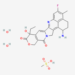 molecular formula C25H30FN3O9S B13402461 23-Amino-10-ethyl-18-fluoro-10-hydroxy-19-methyl-8-oxa-4,15-diazahexacyclo[14.7.1.02,14.04,13.06,11.020,24]tetracosa-1,6(11),12,14,16,18,20(24)-heptaene-5,9-dione;methanesulfonic acid;dihydrate 