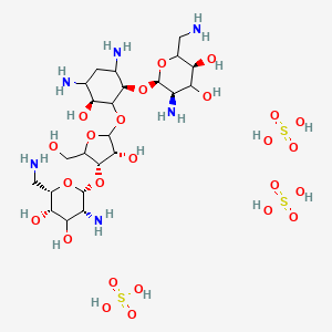 molecular formula C23H52N6O25S3 B13402876 (3S,5R,6R)-5-amino-2-(aminomethyl)-6-[(1R,3S)-4,6-diamino-2-[(3R,4S)-4-[(2R,3R,5S,6S)-3-amino-6-(aminomethyl)-4,5-dihydroxyoxan-2-yl]oxy-3-hydroxy-5-(hydroxymethyl)oxolan-2-yl]oxy-3-hydroxycyclohexyl]oxyoxane-3,4-diol;sulfuric acid 