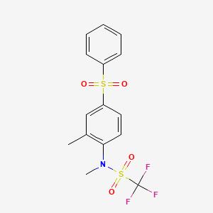 molecular formula C15H14F3NO4S2 B13420824 Trifluoro-N-methyl-N-[2-methyl-4-(phenylsulfonyl)phenyl]methanesulfonamide CAS No. 62059-53-4