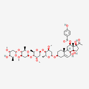 molecular formula C56H84O20 B13434574 [(3S,8S,9R,10R,12R,13S,14R,17S)-17-acetyl-8,14,17-trihydroxy-3-[(2R,4S,5R,6R)-5-[(2S,4S,5R,6R)-5-[(2S,4R,5R,6R)-5-[(2S,4R,5S,6S)-5-hydroxy-4-methoxy-6-methyloxan-2-yl]oxy-4-methoxy-6-methyloxan-2-yl]oxy-4-methoxy-6-methyloxan-2-yl]oxy-4-methoxy-6-methyloxan-2-yl]oxy-10,13-dimethyl-1,2,3,4,7,9,11,12,15,16-decahydrocyclopenta[a]phenanthren-12-yl] 4-hydroxybenzoate 