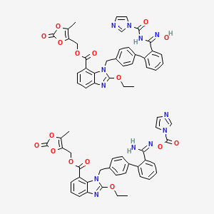 molecular formula C66H56N12O16 B13437117 5-Methyl-2-oxo-1,3-dioxol-4-yl)methyl 2-ethoxy-1-[[2'-[(hydroxyamino)[(1H-imidazol-1-ylcarbonyl)imino]methyl][1,1'-biphenyl]-4-yl]methyl]-1H-benzimidazole-7-carboxylate; (5-Methyl-2-oxo-1,3-dioxol-4-yl)methyl 2-ethoxy-1-[[2'-[N'-hydroxy-N-[(1H-imidazol-1-yl)carbonyl]carbamimidoyl]biphenyl-4-yl]methyl]-1H-benzimidazole-7-carboxylate 