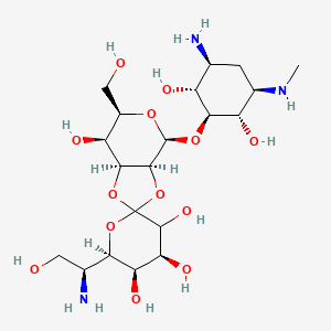 molecular formula C20H37N3O13 B13437267 (3aS,4S,4'S,5'R,6R,6'R,7S,7aS)-4-[(1S,2R,3S,5R,6S)-3-amino-2,6-dihydroxy-5-(methylamino)cyclohexyl]oxy-6'-[(1S)-1-amino-2-hydroxyethyl]-6-(hydroxymethyl)spiro[4,6,7,7a-tetrahydro-3aH-[1,3]dioxolo[4,5-c]pyran-2,2'-oxane]-3',4',5',7-tetrol 