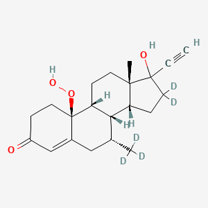 molecular formula C21H28O4 B13438034 (7R,8S,9R,10S,13S,14R)-16,16-dideuterio-17-ethynyl-10-hydroperoxy-17-hydroxy-13-methyl-7-(trideuteriomethyl)-1,2,6,7,8,9,11,12,14,15-decahydrocyclopenta[a]phenanthren-3-one 