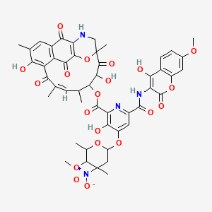 molecular formula C48H46N4O20 B13445038 [(10Z)-7,14-dihydroxy-6,10,12,16-tetramethyl-2,9,15,21-tetraoxo-20-oxa-18-azatetracyclo[14.3.1.14,19.03,8]henicosa-1(19),3,5,7,10-pentaen-13-yl] 3-hydroxy-6-[(4-hydroxy-7-methoxy-2-oxochromen-3-yl)carbamoyl]-4-(5-methoxy-4,6-dimethyl-4-nitrooxan-2-yl)oxypyridine-2-carboxylate 