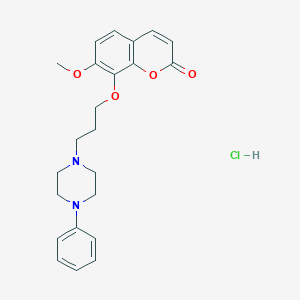 molecular formula C23H27ClN2O4 B134526 2H-1-Benzopyran-2-one, 7-methoxy-8-(3-(4-phenyl-1-piperazinyl)propoxy)-, dihydrochloride CAS No. 148711-82-4