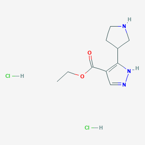 molecular formula C10H17Cl2N3O2 B13474186 ethyl 5-(pyrrolidin-3-yl)-1H-pyrazole-4-carboxylate dihydrochloride 