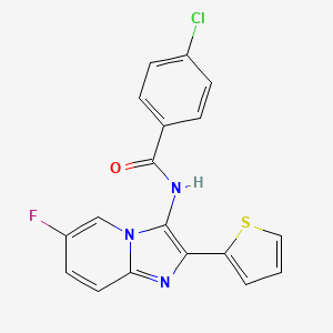 molecular formula C18H11ClFN3OS B13477213 4-chloro-N-[6-fluoro-2-(thiophen-2-yl)imidazo[1,2-a]pyridin-3-yl]benzamide 