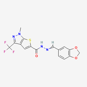 molecular formula C16H11F3N4O3S B1347787 N'-(1,3-benzodioxol-5-ylmethylene)-1-methyl-3-(trifluoromethyl)-1H-thieno[2,3-c]pyrazole-5-carbohydrazide 