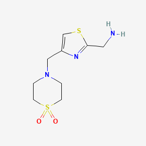 molecular formula C9H15N3O2S2 B13479994 4-((2-(Aminomethyl)thiazol-4-yl)methyl)thiomorpholine 1,1-dioxide 