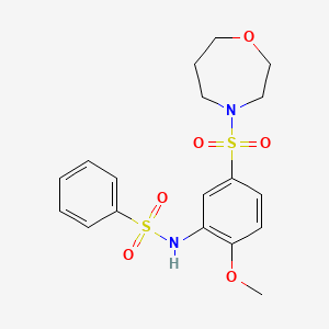 molecular formula C18H22N2O6S2 B13481100 N-(5-((1,4-Oxazepan-4-yl)sulfonyl)-2-methoxyphenyl)benzenesulfonamide 