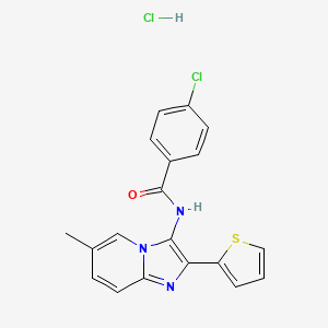 molecular formula C19H15Cl2N3OS B13483141 4-chloro-N-[6-methyl-2-(thiophen-2-yl)imidazo[1,2-a]pyridin-3-yl]benzamidehydrochloride 